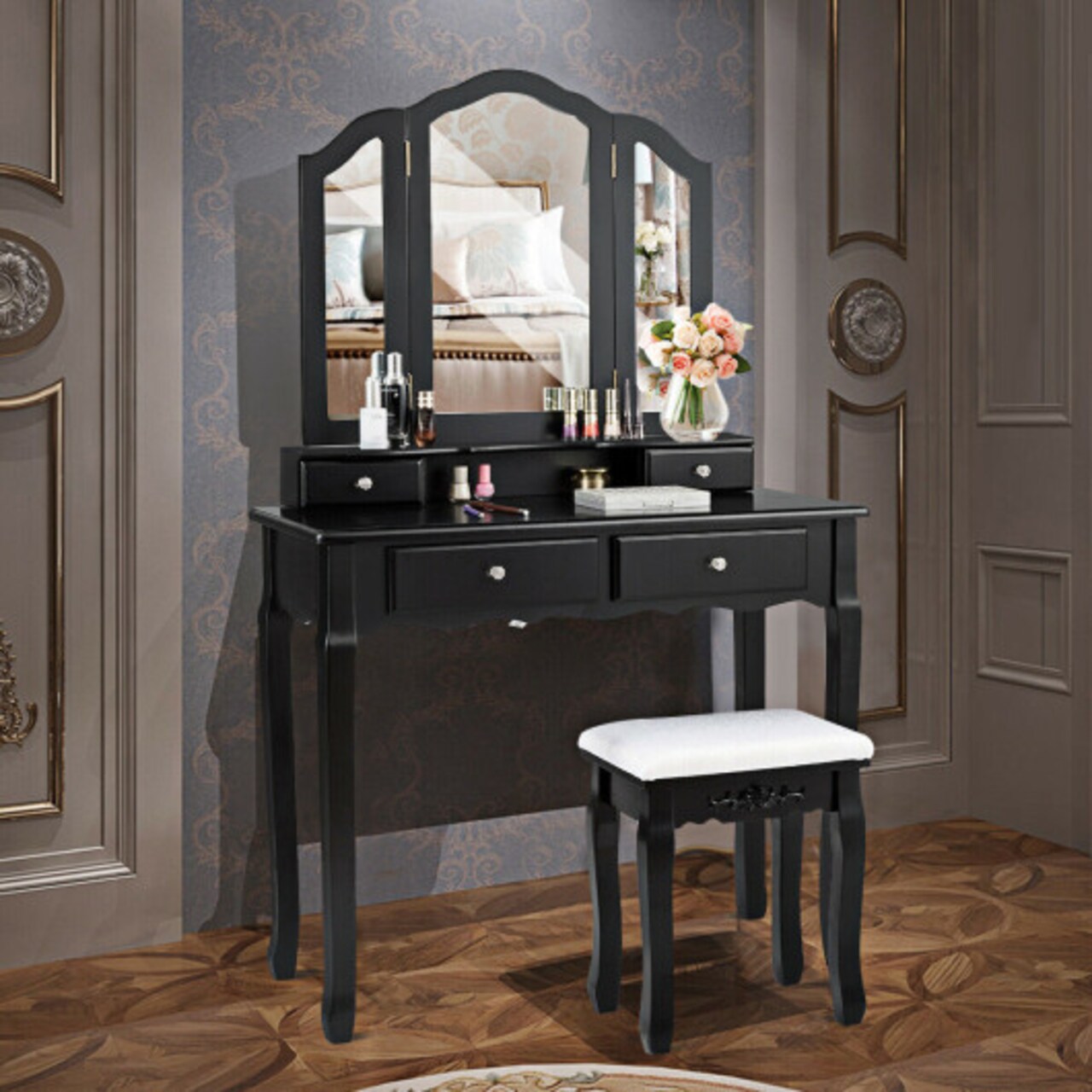 Tri Folding Mirror Vanity Table Stool Set with 4 Drawers and